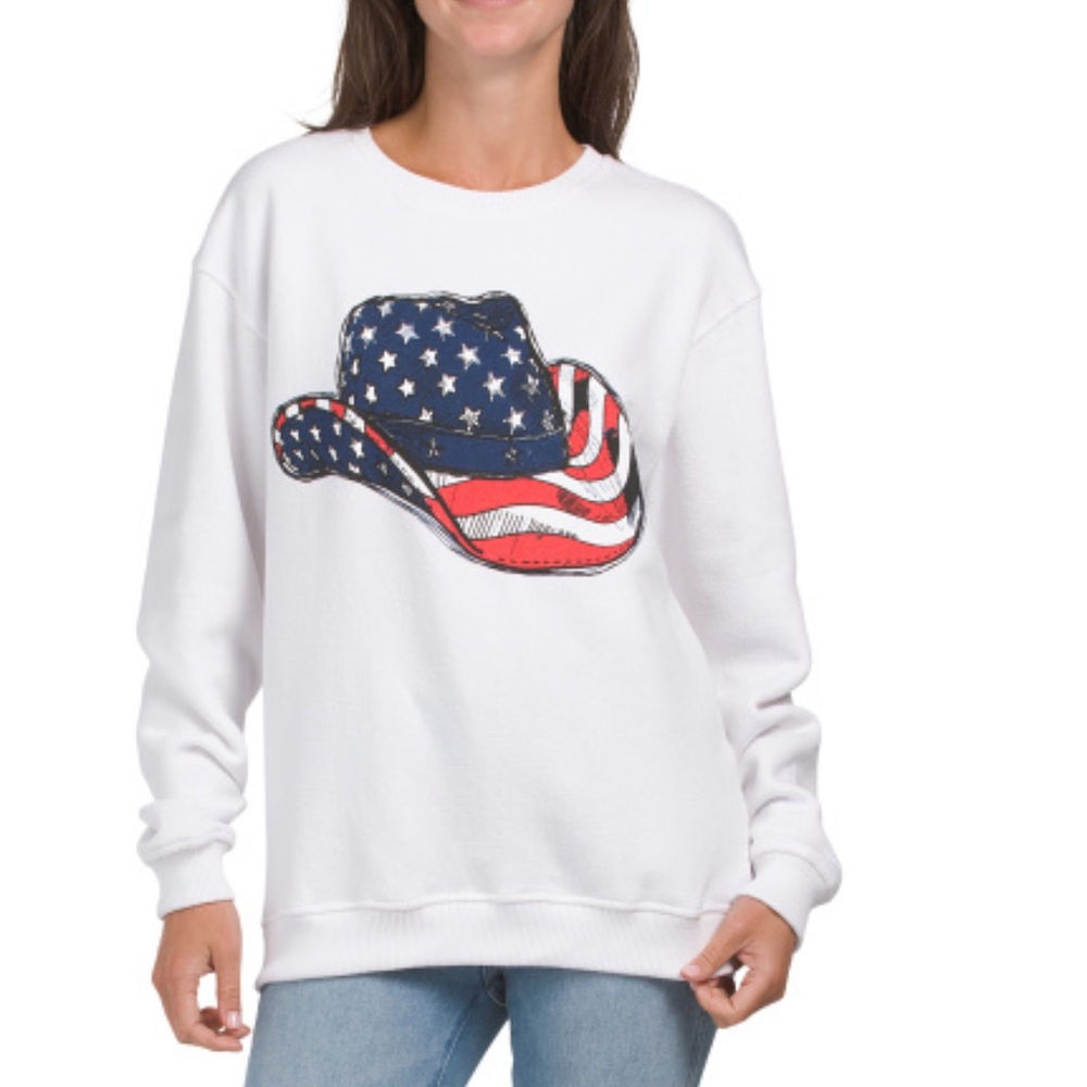 Pacific & Co Patriotic Cowboy Hat White Sweatshirt Size XXL